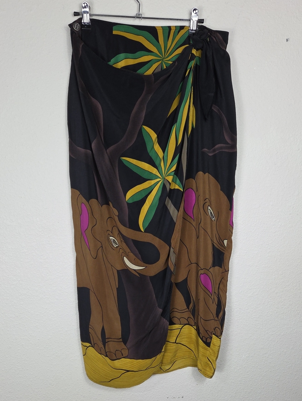 MM by Krizia Vintage 100% Silk Elephant Print Wrap Skirt Safari Novelty Size 14